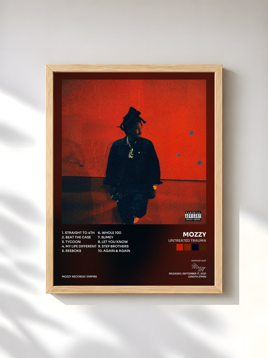 #bois Tableau de l'album Untreated Trauma de Mozzy, cadre en bois brut, imprimé et encadré en France