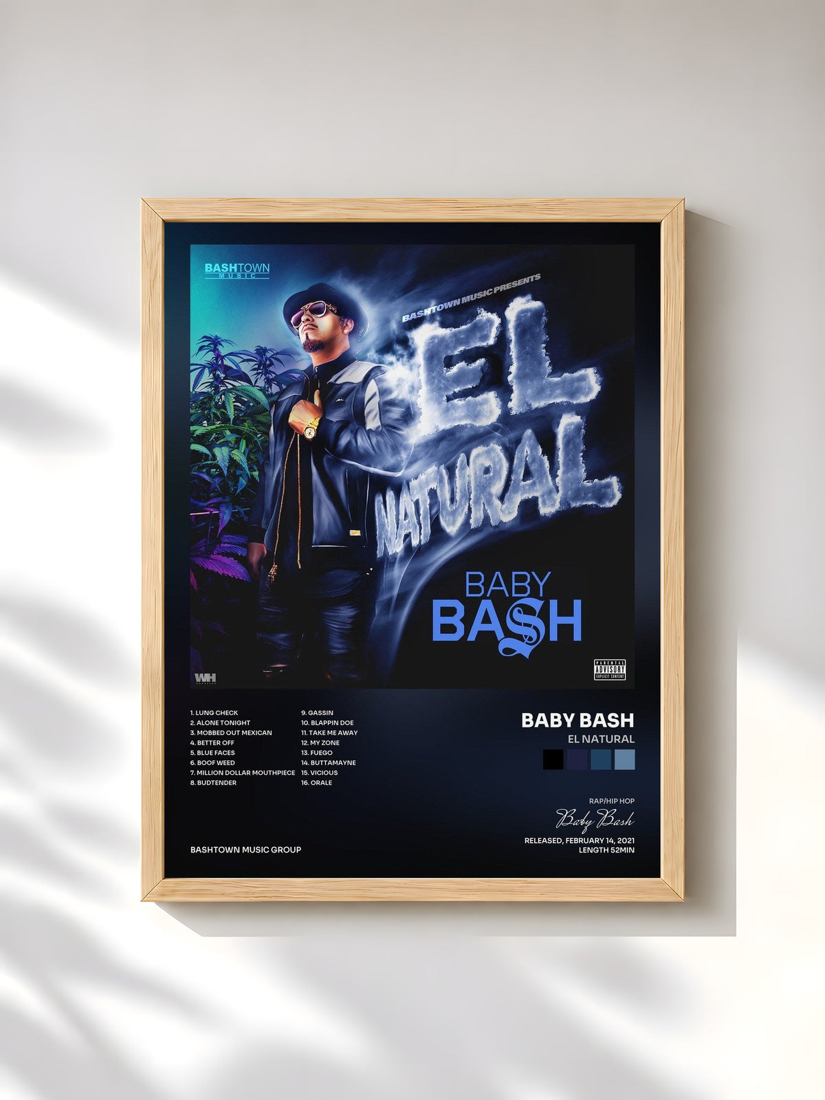 #bois Tableau de l'album El Natural de Baby Bash, cadre en bois brut, imprimé et encadré en France
