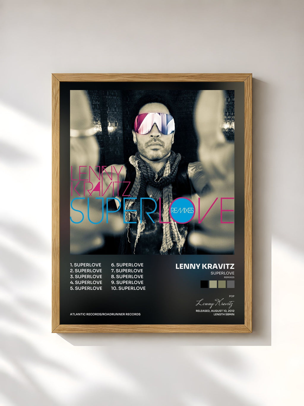 #bois Tableau de l'album Superlove (Remixes) de Lenny Kravitz, cadre en bois brut, imprimé et encadré en France