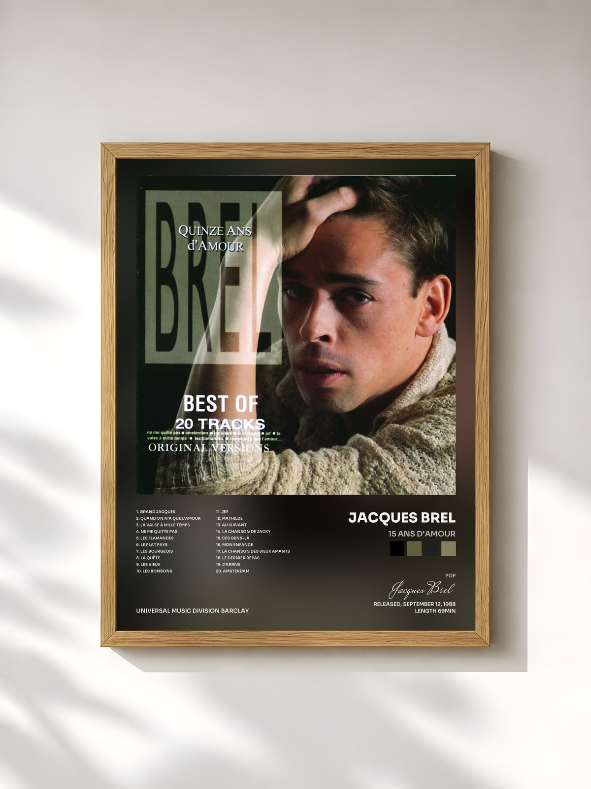 #bois Tableau de l'album 15 Ans D'Amour de Jacques Brel, cadre en bois brut, imprimé et encadré en France