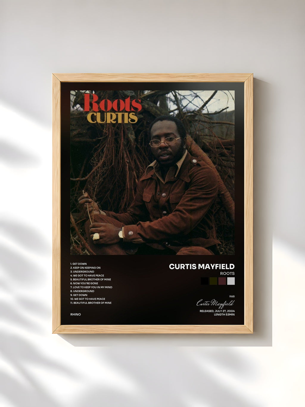 #bois Tableau de l'album Roots de Curtis Mayfield, cadre en bois brut, imprimé et encadré en France