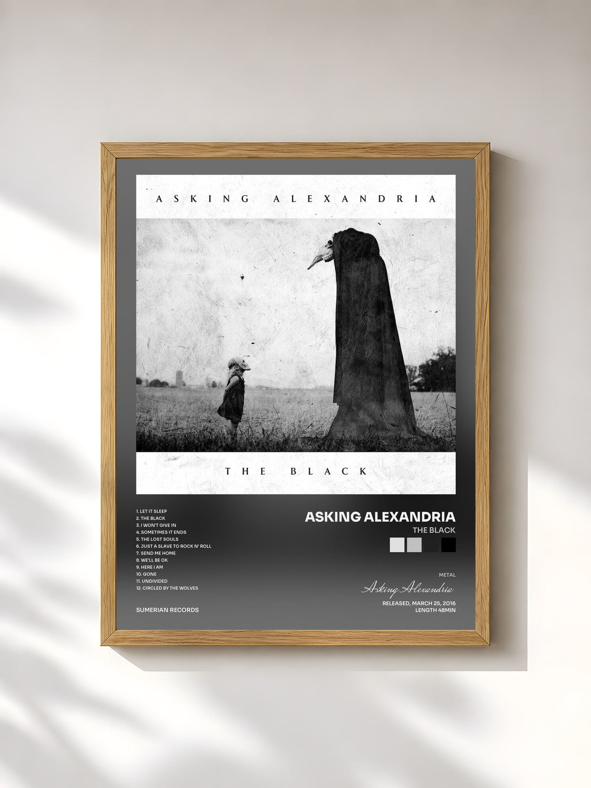 #bois Tableau de l'album The Black de Asking Alexandria, cadre en bois brut, imprimé et encadré en France