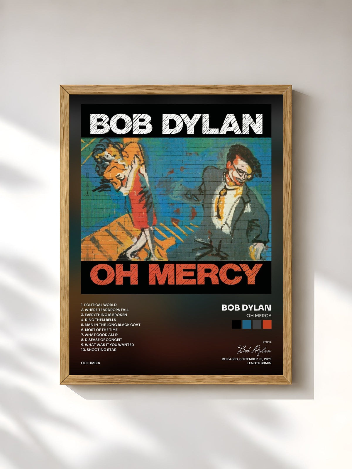 #bois Tableau de l'album Oh Mercy de Bob Dylan, cadre en bois brut, imprimé et encadré en France
