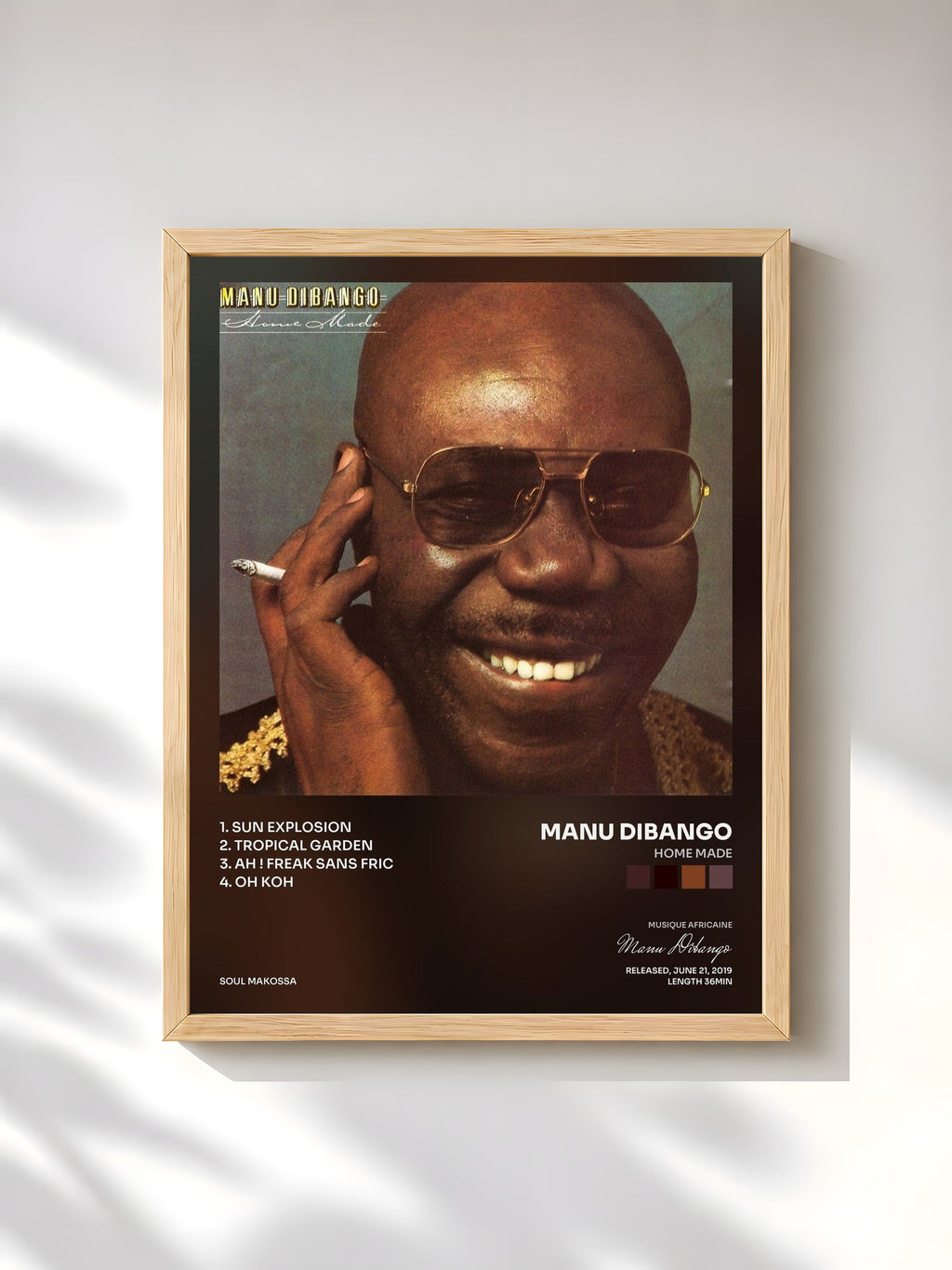 #bois Tableau de l'album Home Made de Manu Dibango, cadre en bois brut, imprimé et encadré en France