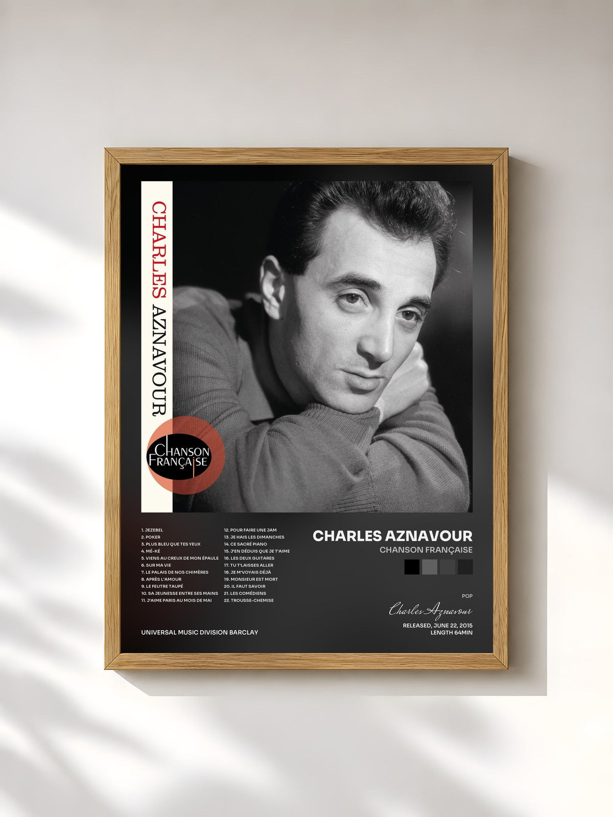 #bois Tableau de l'album Chanson française de Charles Aznavour, cadre en bois brut, imprimé et encadré en France