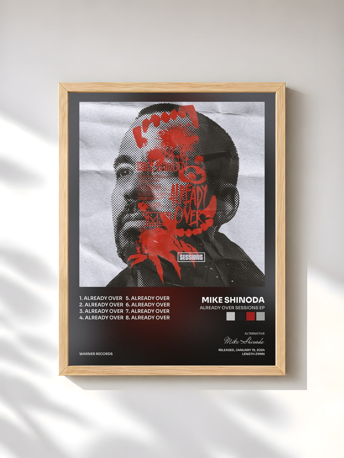 #bois Tableau de l'album Already Over Sessions EP de Mike Shinoda, cadre en bois brut, imprimé et encadré en France