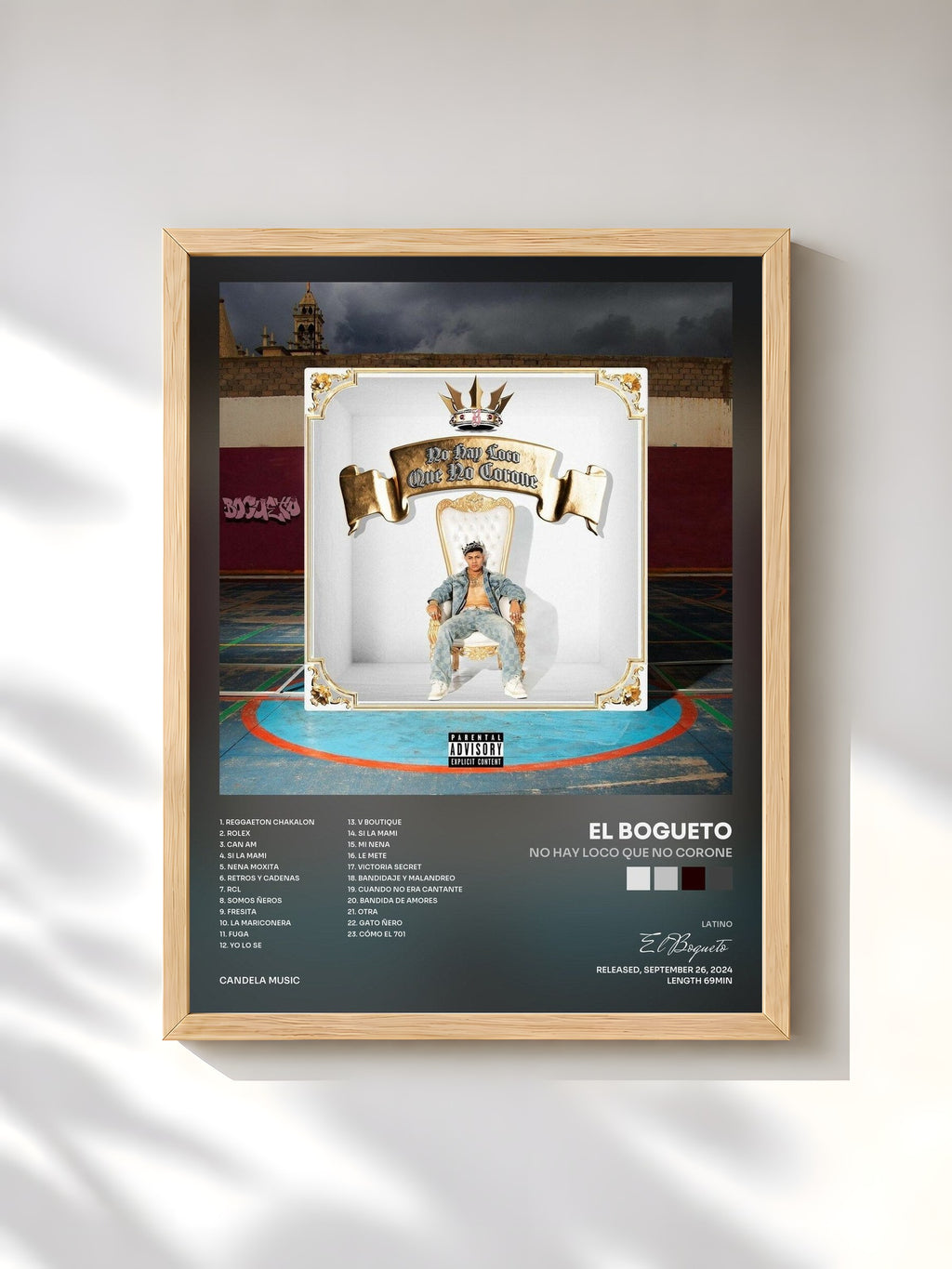 #bois Tableau de l'album No Hay Loco Que No Corone de El Bogueto, cadre en bois brut, imprimé et encadré en France