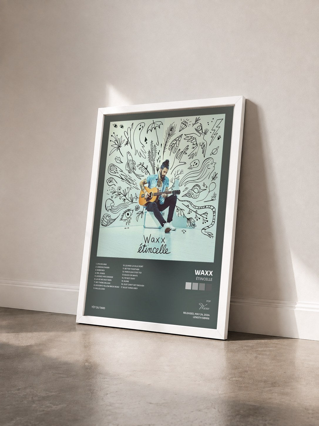 #blanc Tableau de l'album Étincelle de Waxx vu de trois quarts, cadre blanc