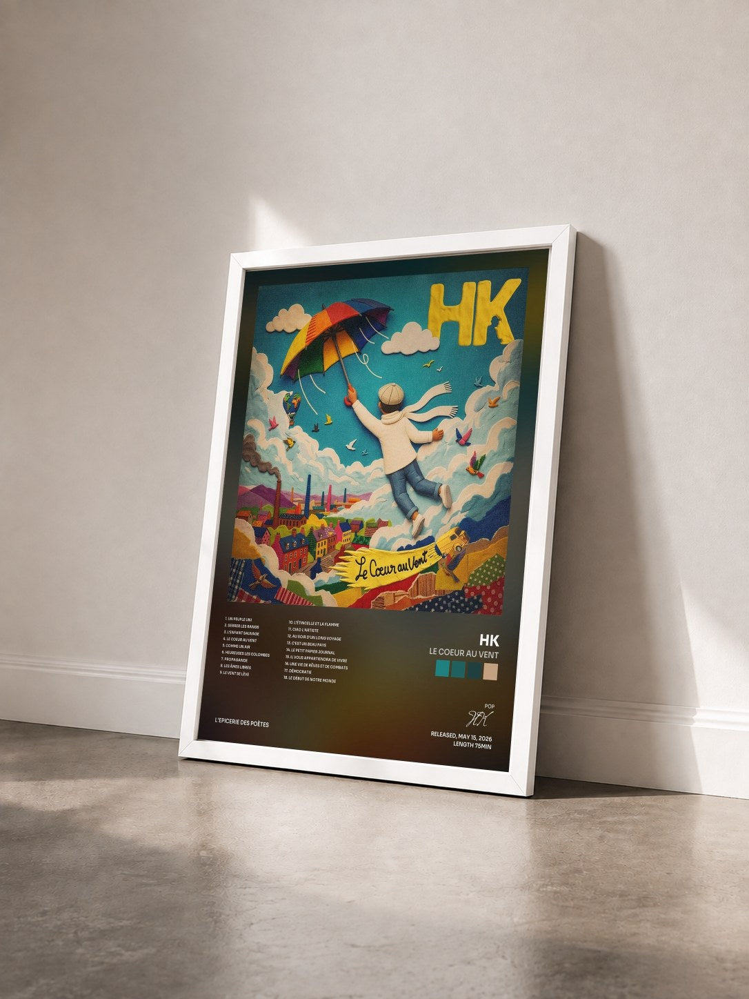#blanc Tableau de l'album Le coeur au vent de HK vu de trois quarts, cadre blanc