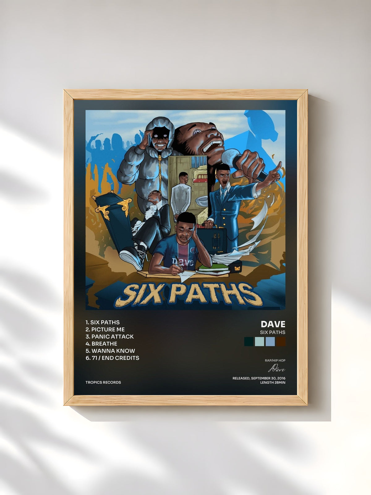 #bois Tableau de l'album Six Paths de Dave, cadre en bois brut, imprimé et encadré en France