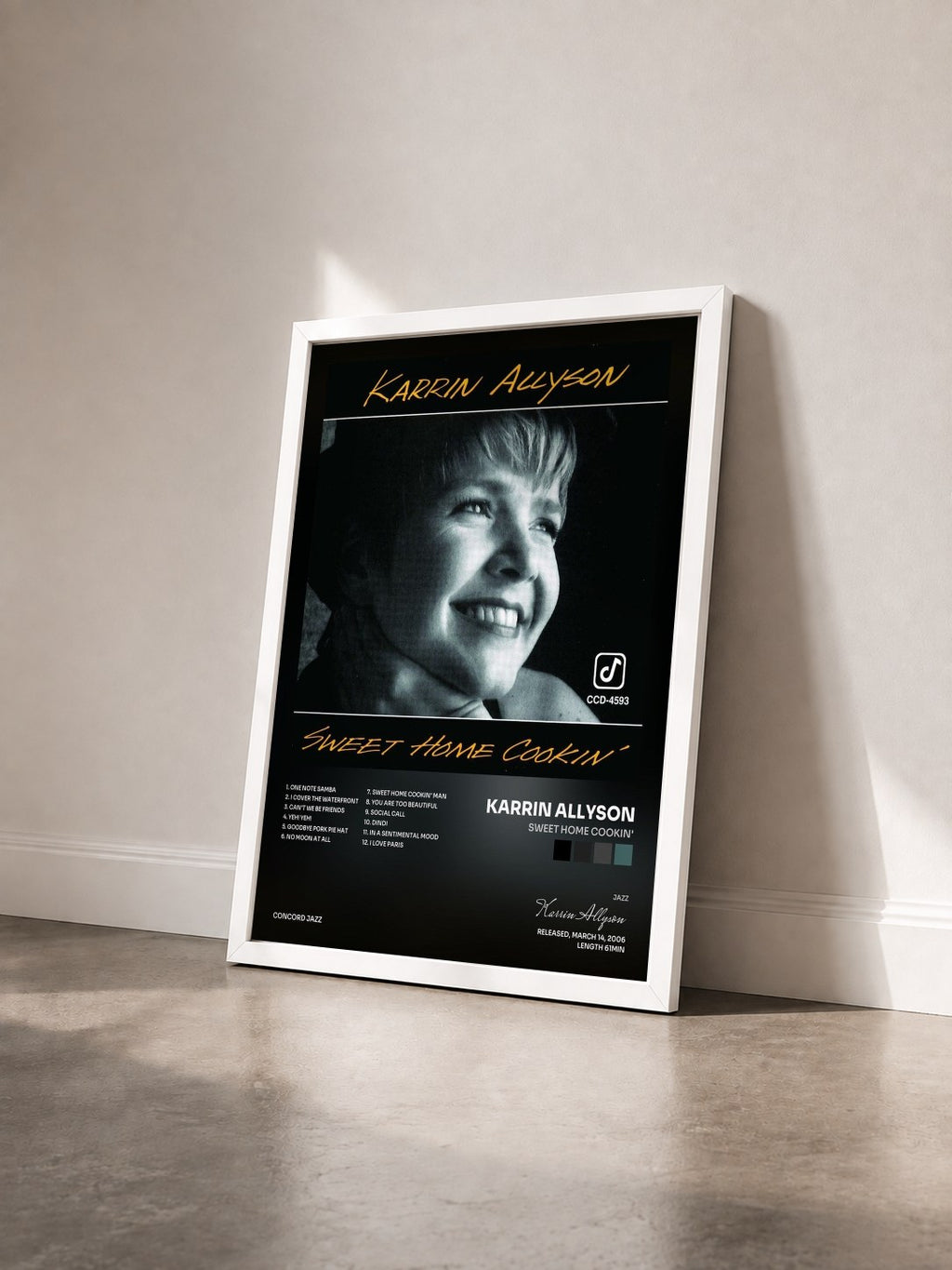 #blanc Tableau de l'album Sweet Home Cookin' de Karrin Allyson vu de trois quarts, cadre blanc