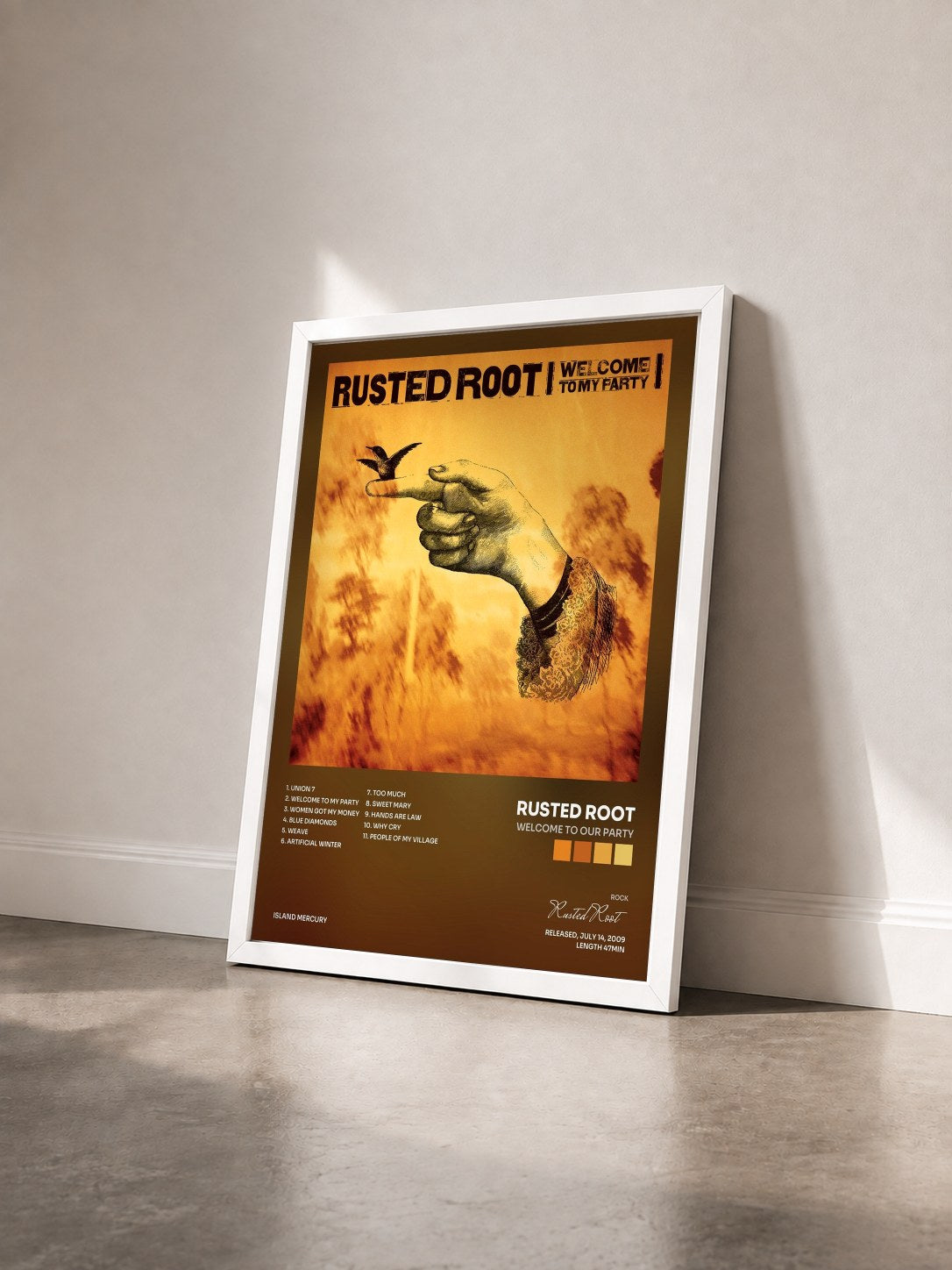 #blanc Tableau de l'album Welcome To Our Party de Rusted Root vu de trois quarts, cadre blanc