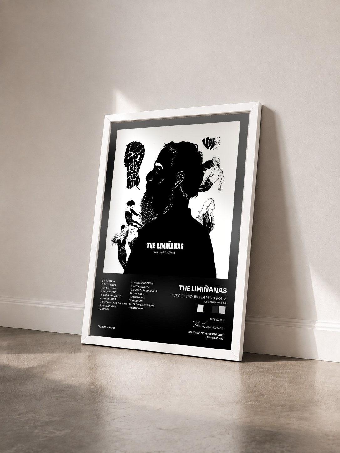 #blanc Tableau de l'album I've Got Trouble In Mind Vol. 2 (Rare Stuff 2015/2018) de The Limiñanas vu de trois quarts, cadre blanc