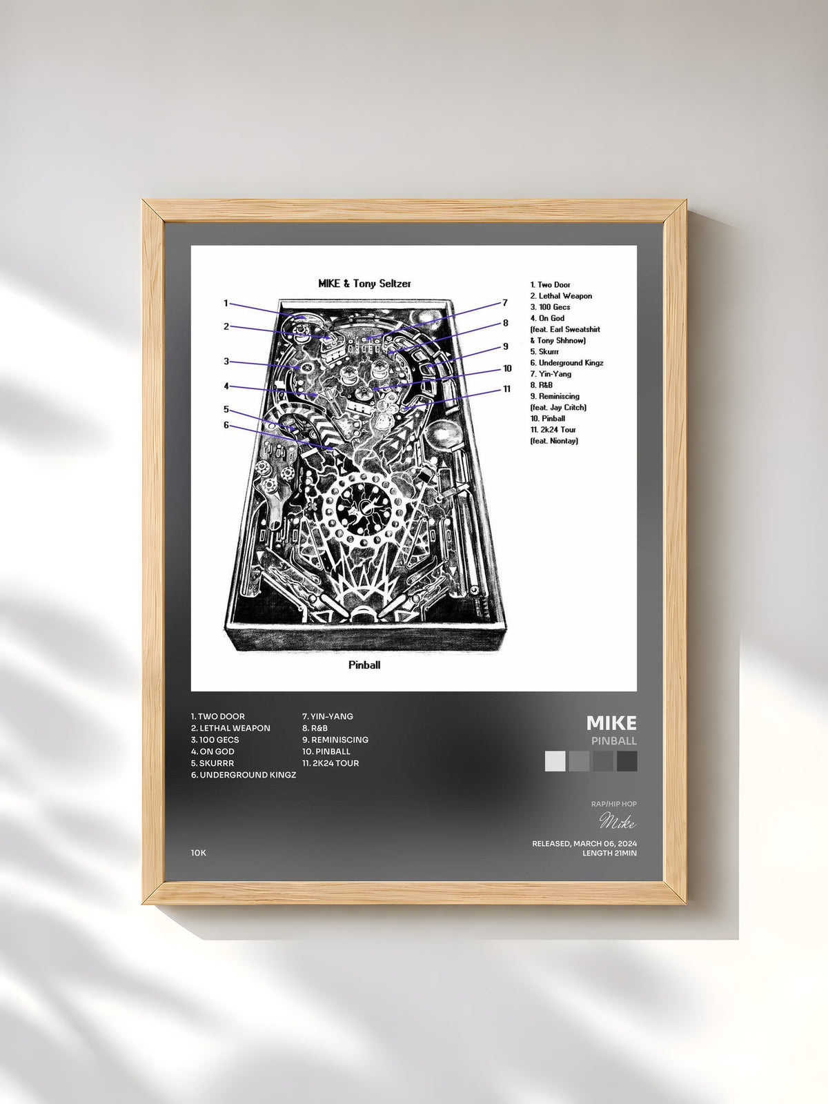 #bois Tableau de l'album Pinball de Mike, cadre en bois brut, imprimé et encadré en France