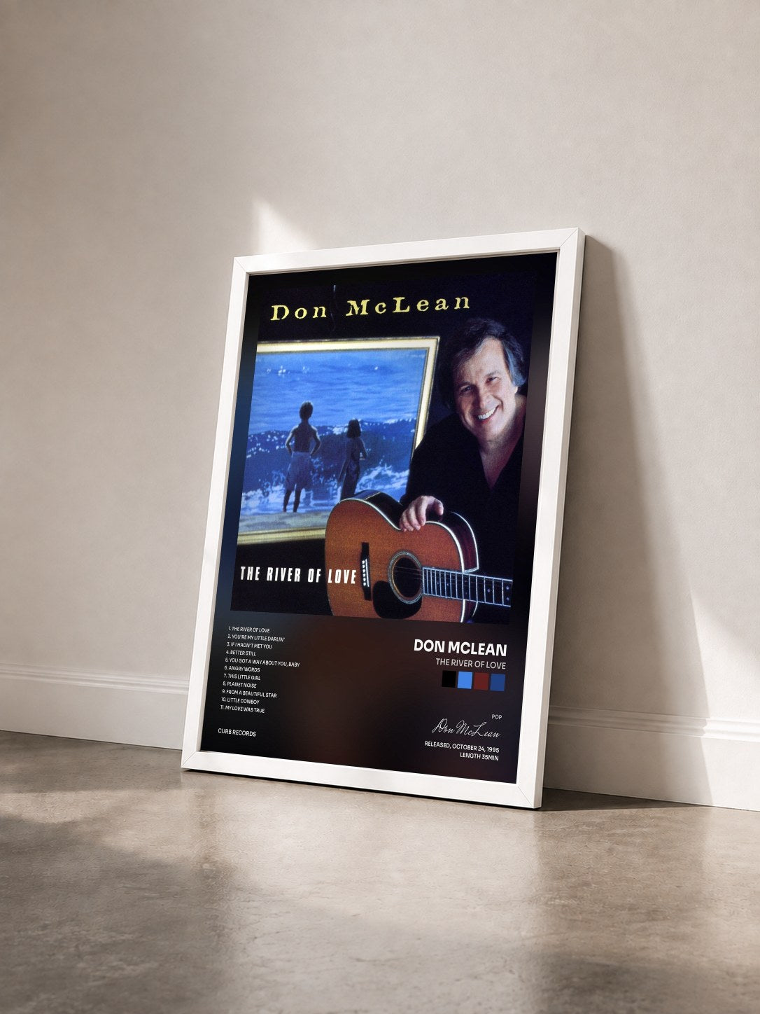 #blanc Tableau de l'album The River Of Love de Don McLean vu de trois quarts, cadre blanc