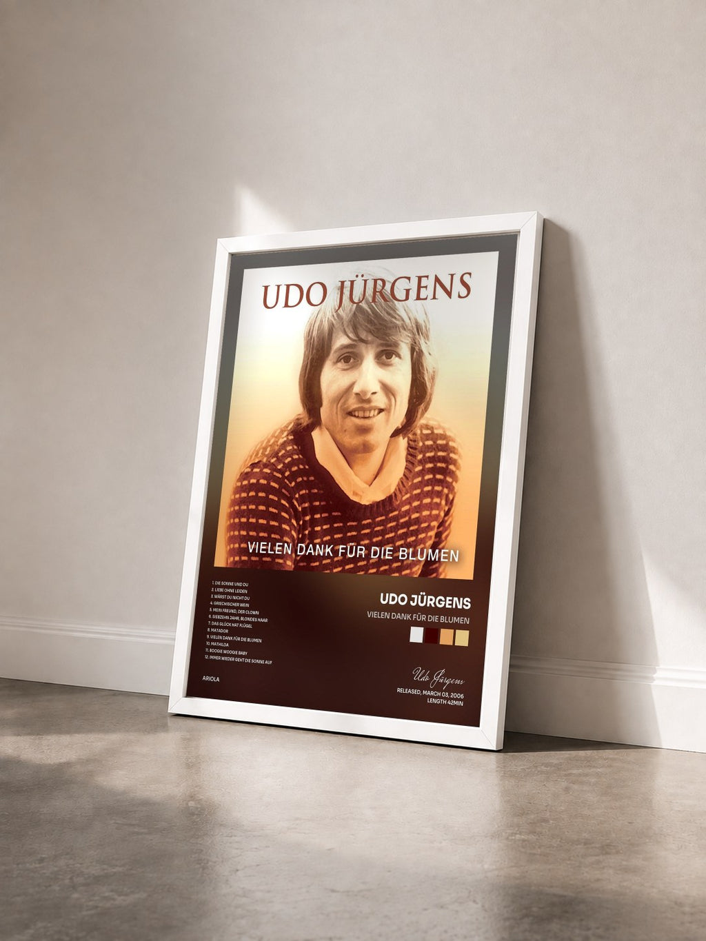 #blanc Tableau de l'album Vielen Dank für die Blumen de Udo Jürgens vu de trois quarts, cadre blanc