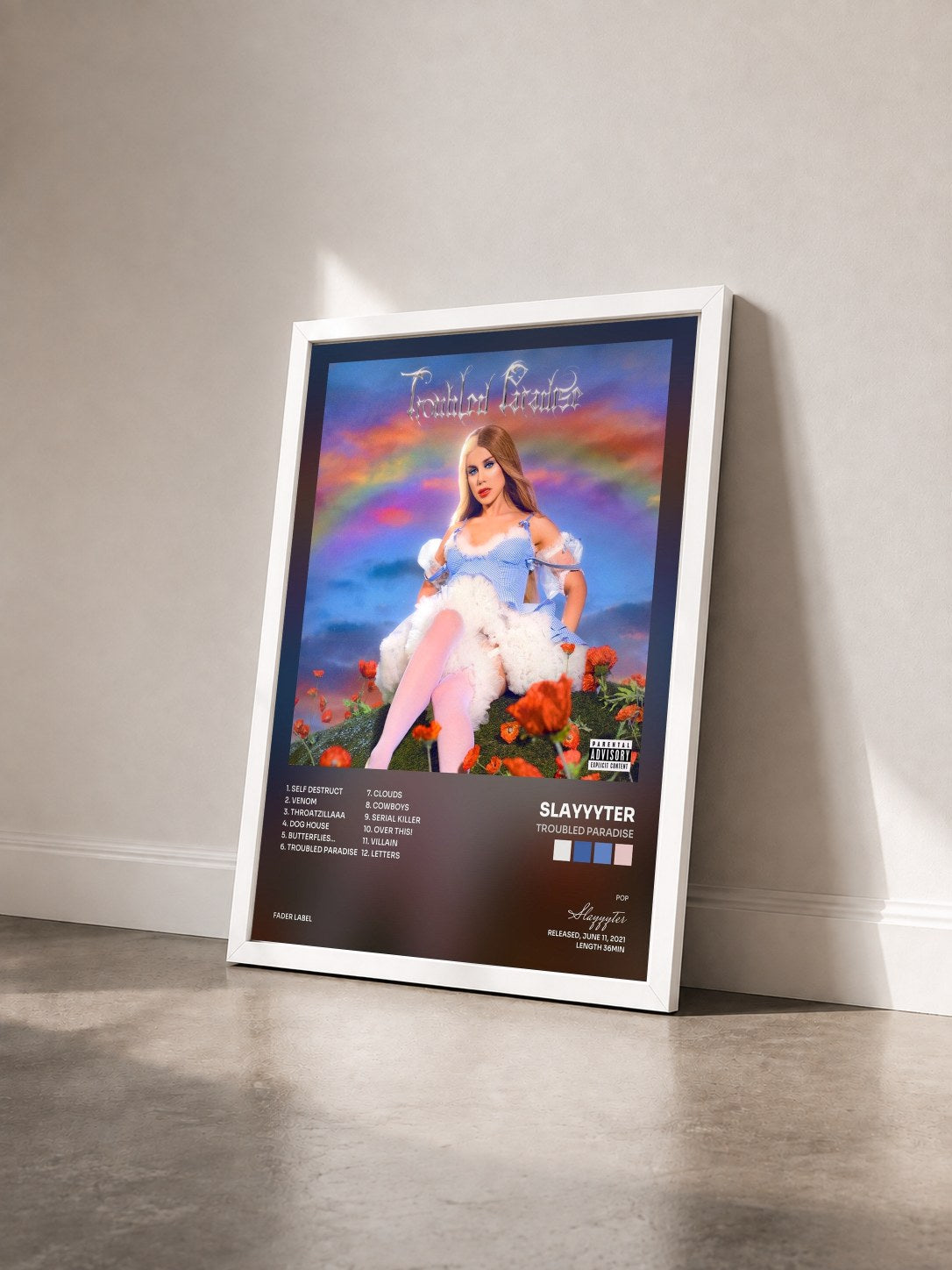 #blanc Tableau de l'album Troubled Paradise de Slayyyter vu de trois quarts, cadre blanc