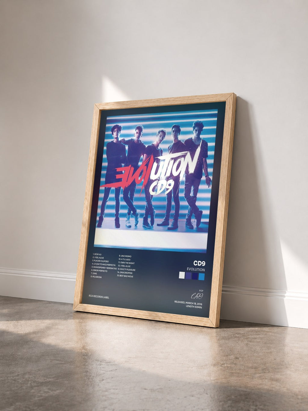 #bois Tableau de l'album EVOLUTION de CD9 vu de trois quarts, cadre en bois brut