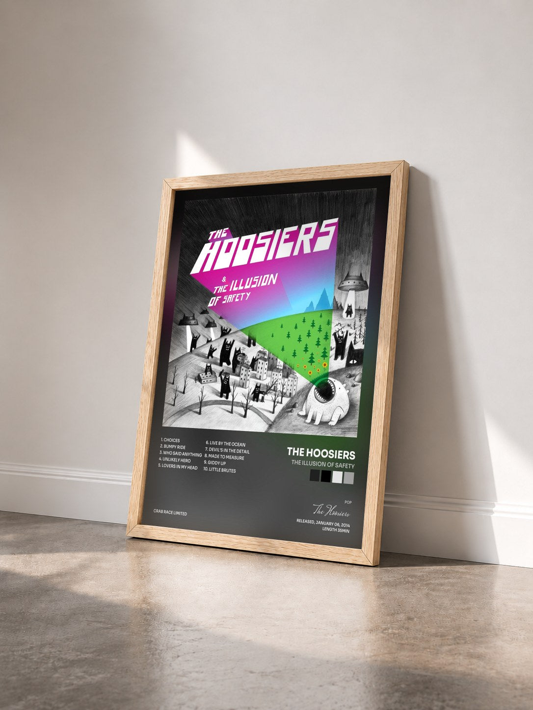 #bois Tableau de l'album The Illusion of Safety de The Hoosiers vu de trois quarts, cadre en bois brut