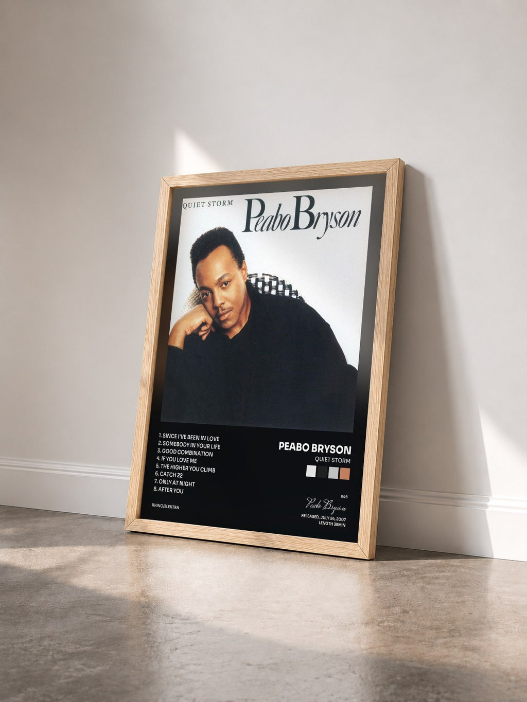 #bois Tableau de l'album Quiet Storm de Peabo Bryson vu de trois quarts, cadre en bois brut