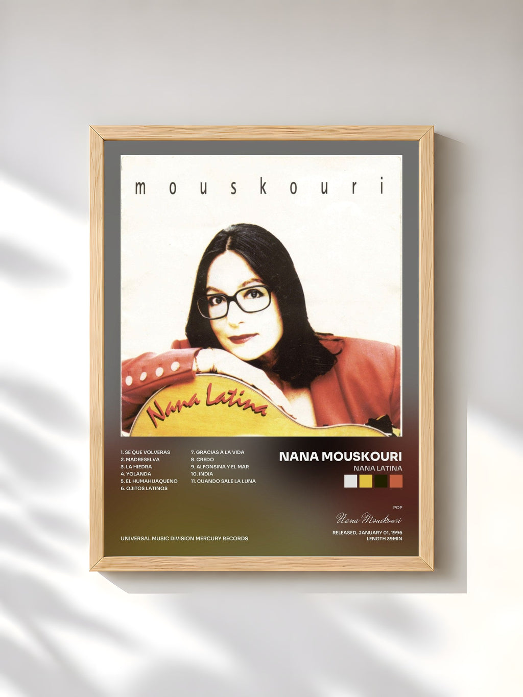 #bois Tableau de l'album Nana Latina de Nana Mouskouri, cadre en bois brut, imprimé et encadré en France