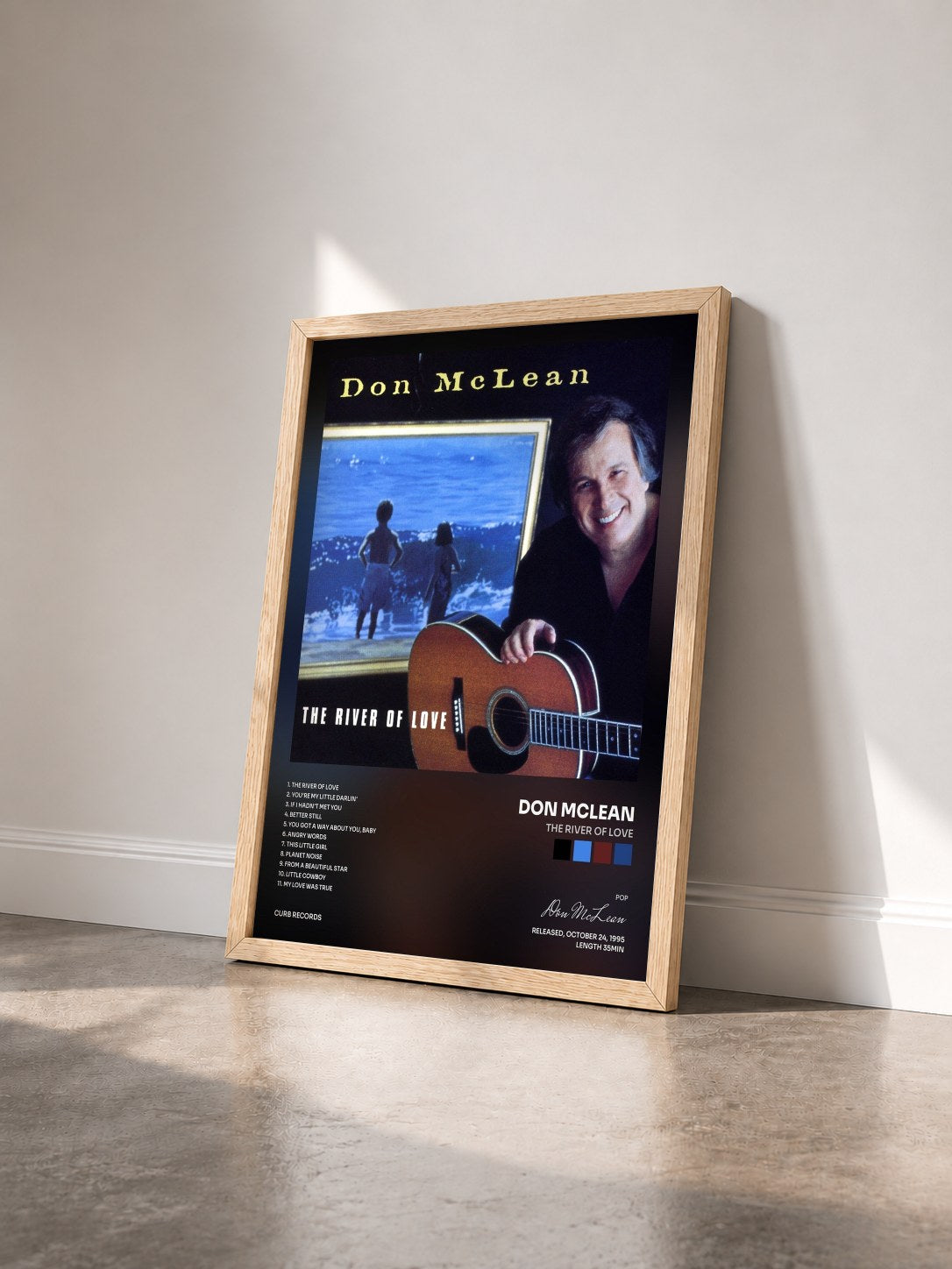 #bois Tableau de l'album The River Of Love de Don McLean vu de trois quarts, cadre en bois brut