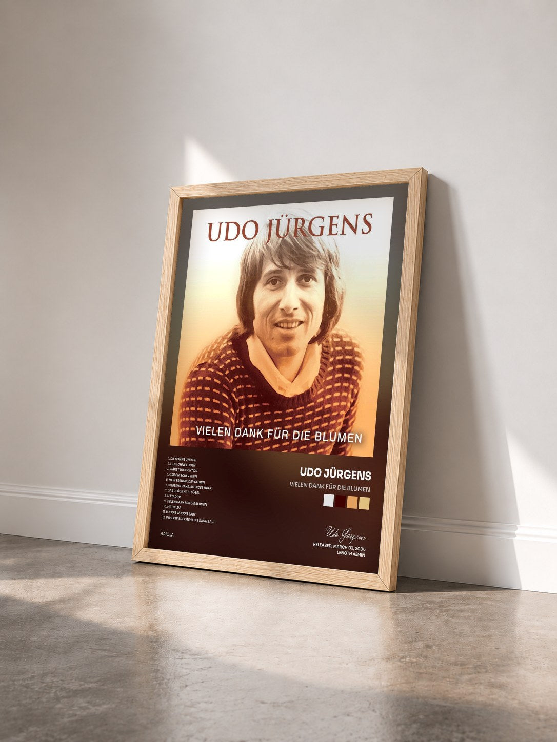 #bois Tableau de l'album Vielen Dank für die Blumen de Udo Jürgens vu de trois quarts, cadre en bois brut