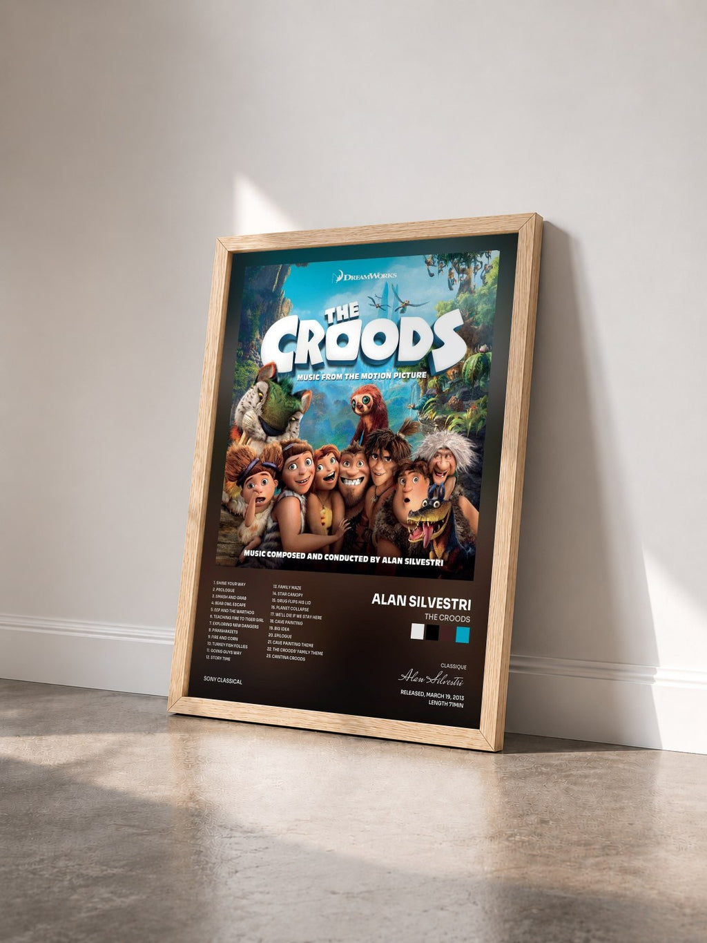 #bois Tableau de l'album The Croods de Alan Silvestri vu de trois quarts, cadre en bois brut