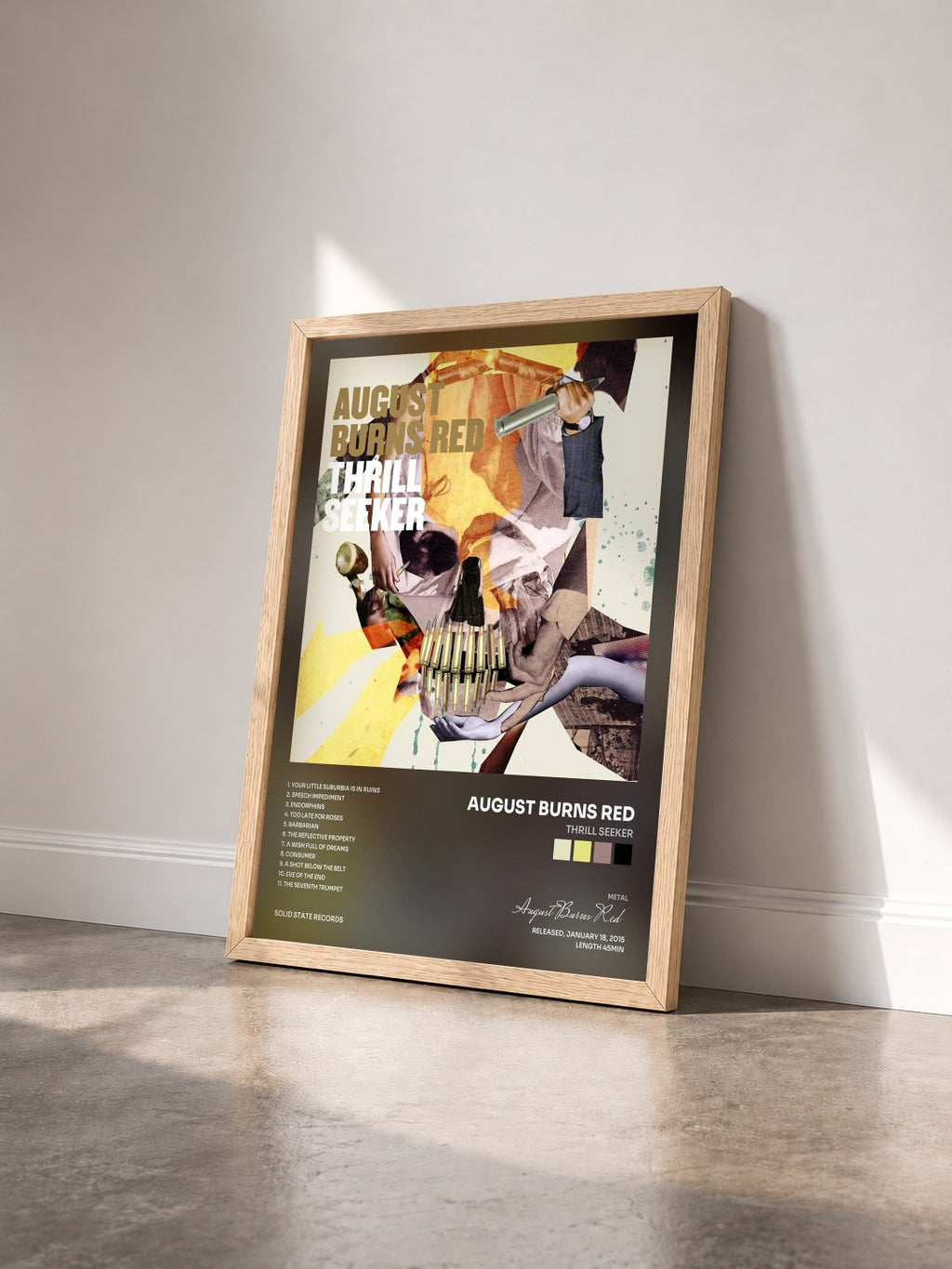 #bois Tableau de l'album Thrill Seeker de August Burns Red vu de trois quarts, cadre en bois brut