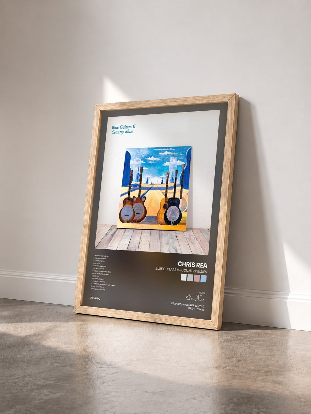 #bois Tableau de l'album Blue Guitars II - Country Blues de Chris Rea vu de trois quarts, cadre en bois brut