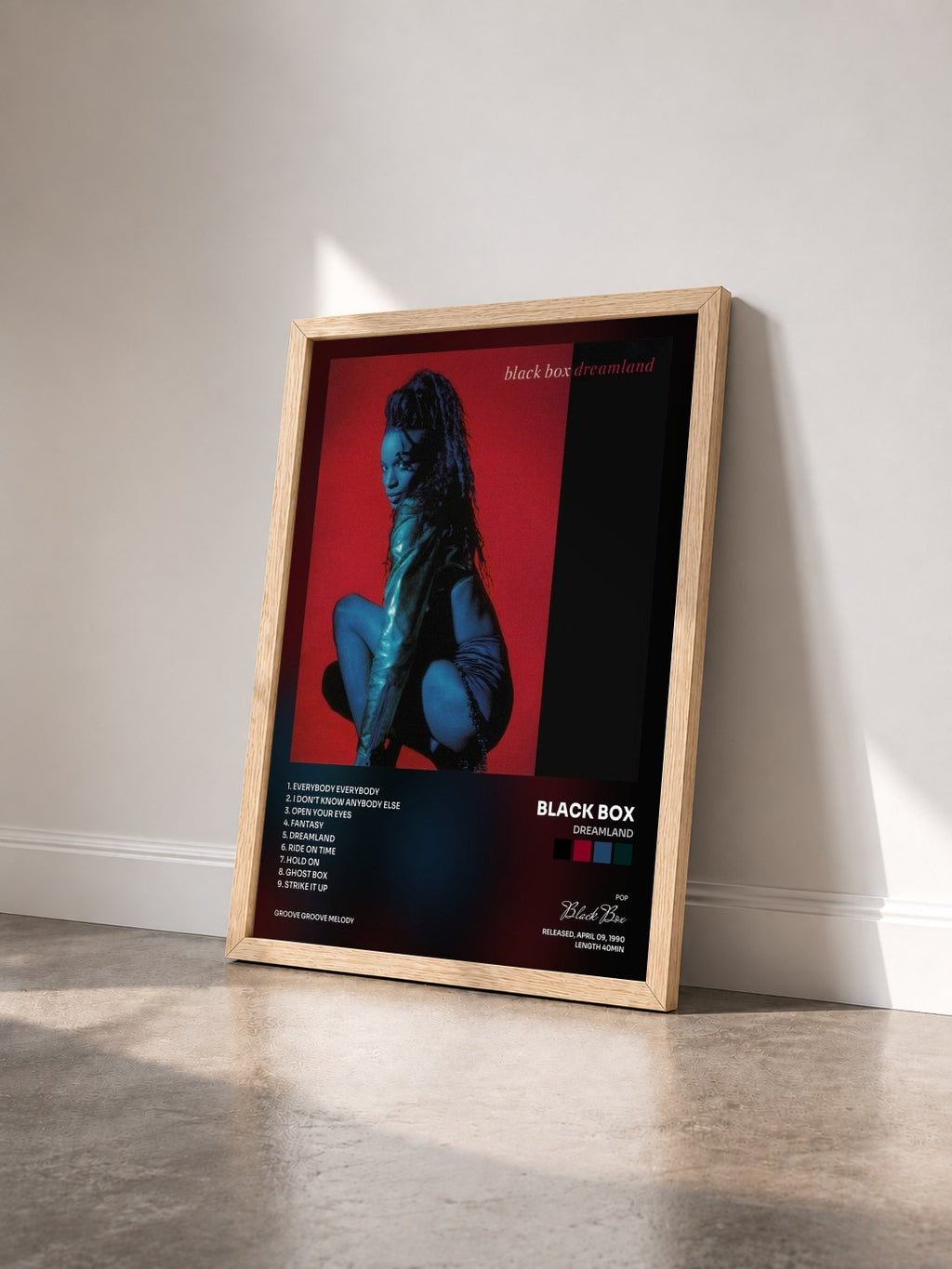 #bois Tableau de l'album Dreamland de Black Box vu de trois quarts, cadre en bois brut