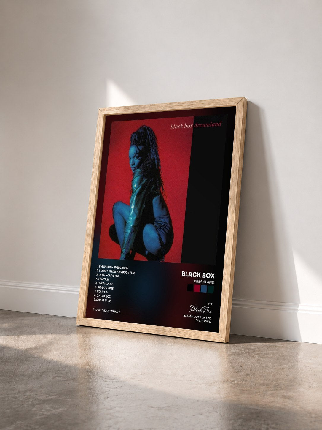 #bois Tableau de l'album Dreamland de Black Box vu de trois quarts, cadre en bois brut