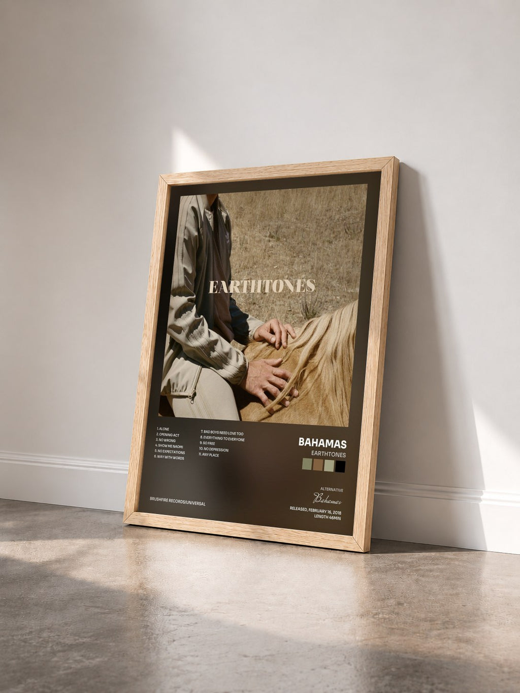 #bois Tableau de l'album Earthtones de Bahamas vu de trois quarts, cadre en bois brut