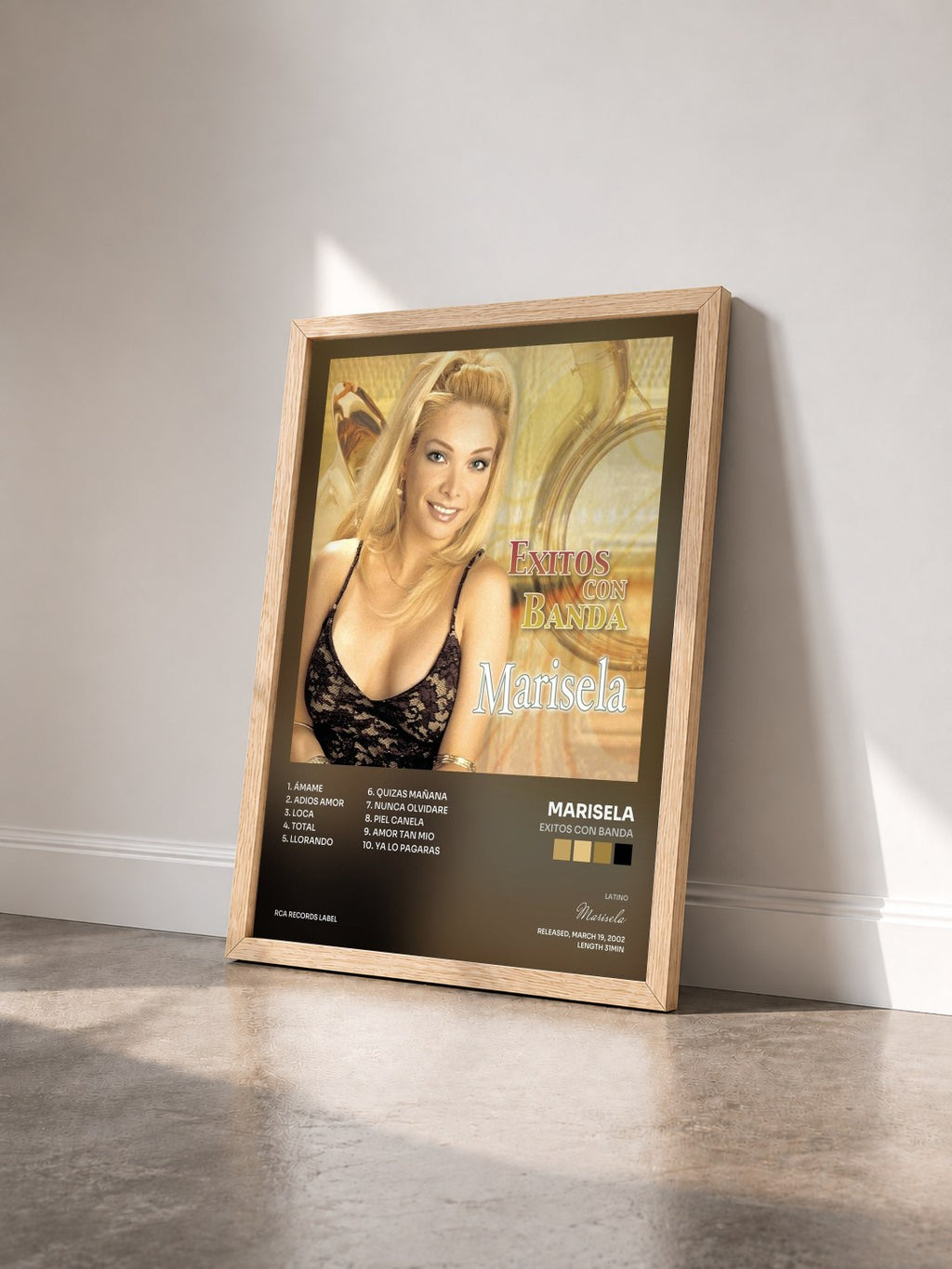 #bois Tableau de l'album Exitos Con Banda de Marisela vu de trois quarts, cadre en bois brut