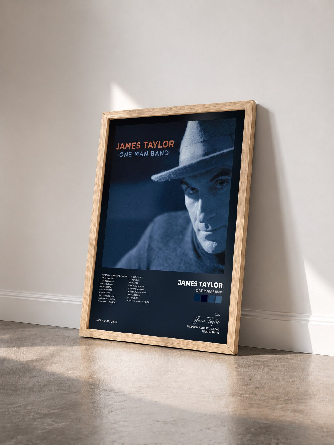 #bois Tableau de l'album One Man Band de James Taylor vu de trois quarts, cadre en bois brut