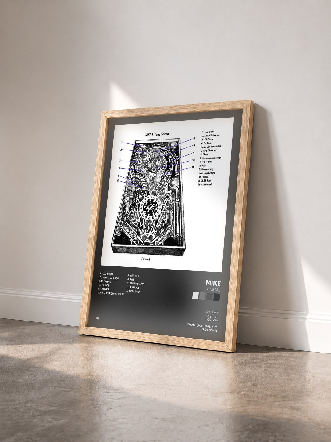#bois Tableau de l'album Pinball de Mike vu de trois quarts, cadre en bois brut