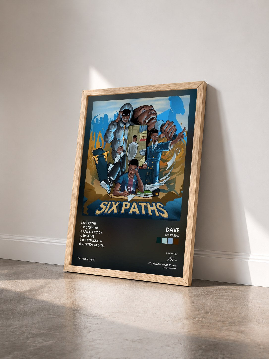 #bois Tableau de l'album Six Paths de Dave vu de trois quarts, cadre en bois brut