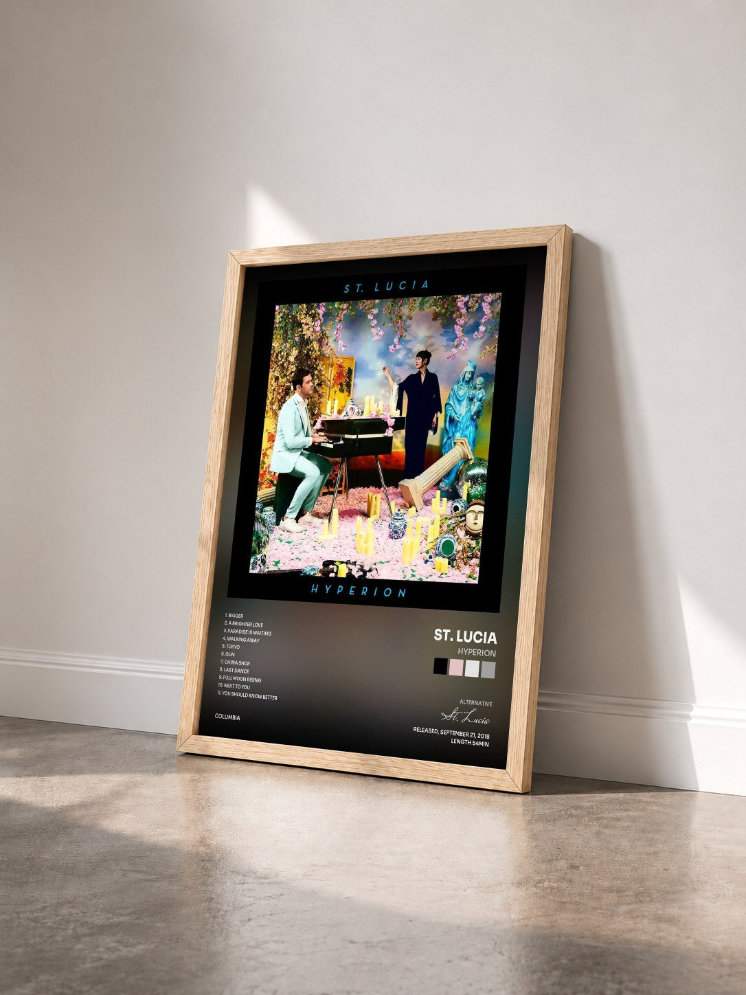#bois Tableau de l'album Hyperion de St. Lucia vu de trois quarts, cadre en bois brut
