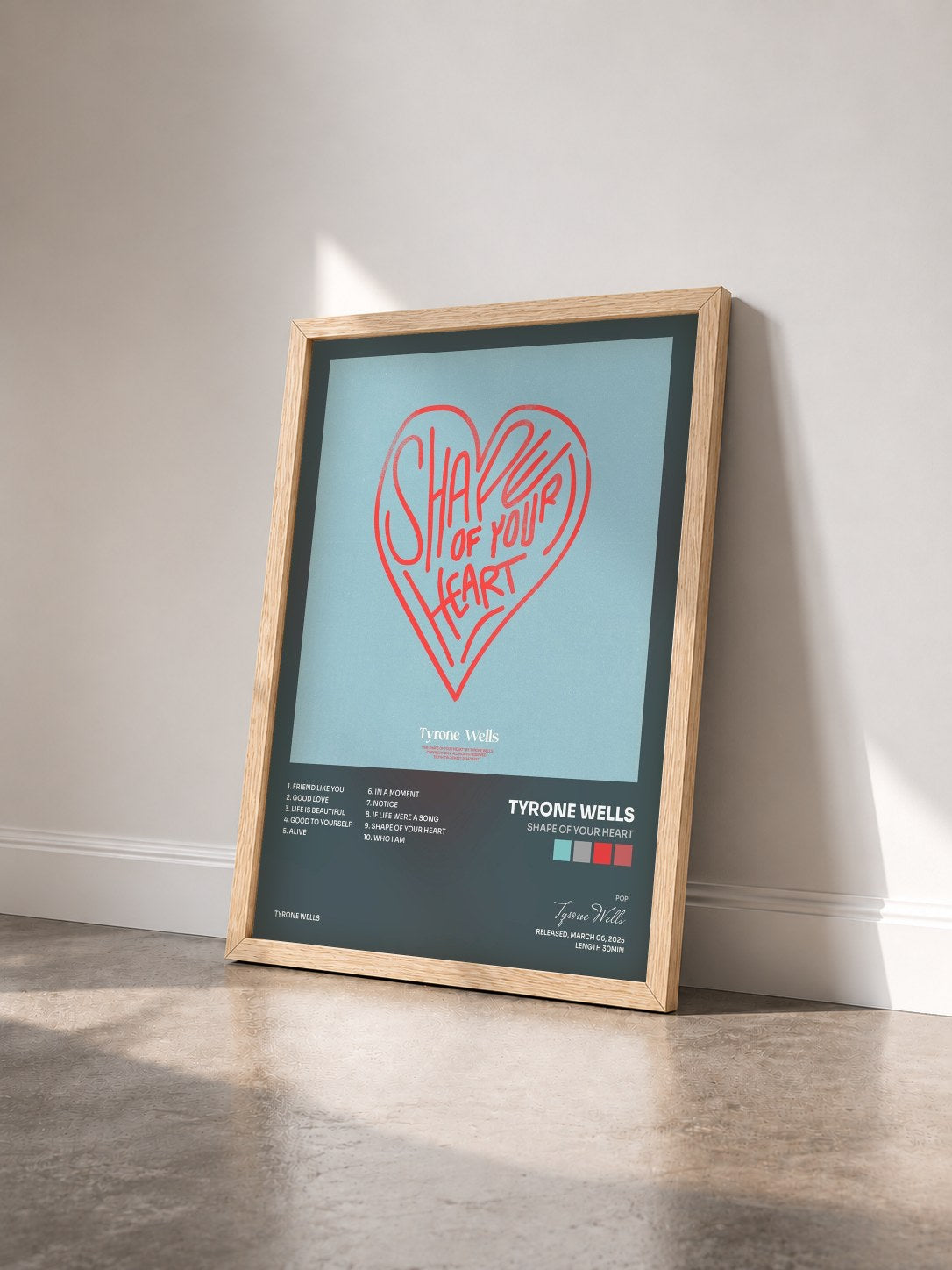 #bois Tableau de l'album Shape of Your Heart de Tyrone Wells vu de trois quarts, cadre en bois brut