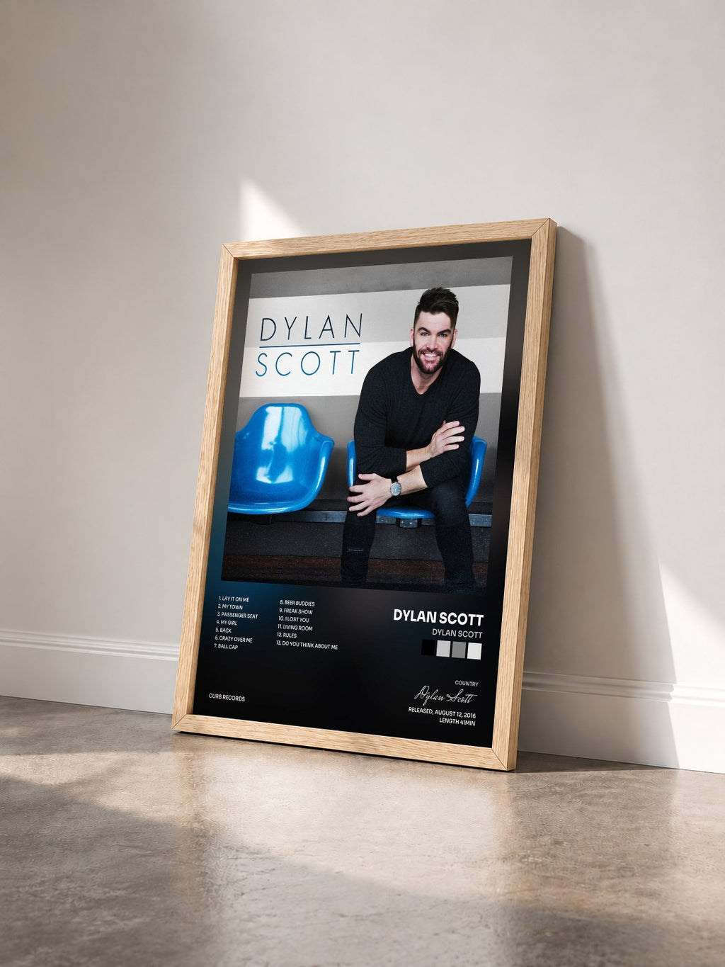 #bois Tableau de l'album Dylan Scott de Dylan Scott vu de trois quarts, cadre en bois brut