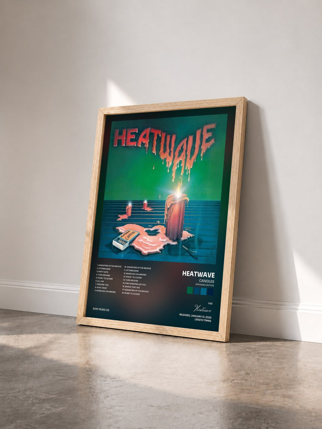 #bois Tableau de l'album Candles (Expanded Edition) de Heatwave vu de trois quarts, cadre en bois brut