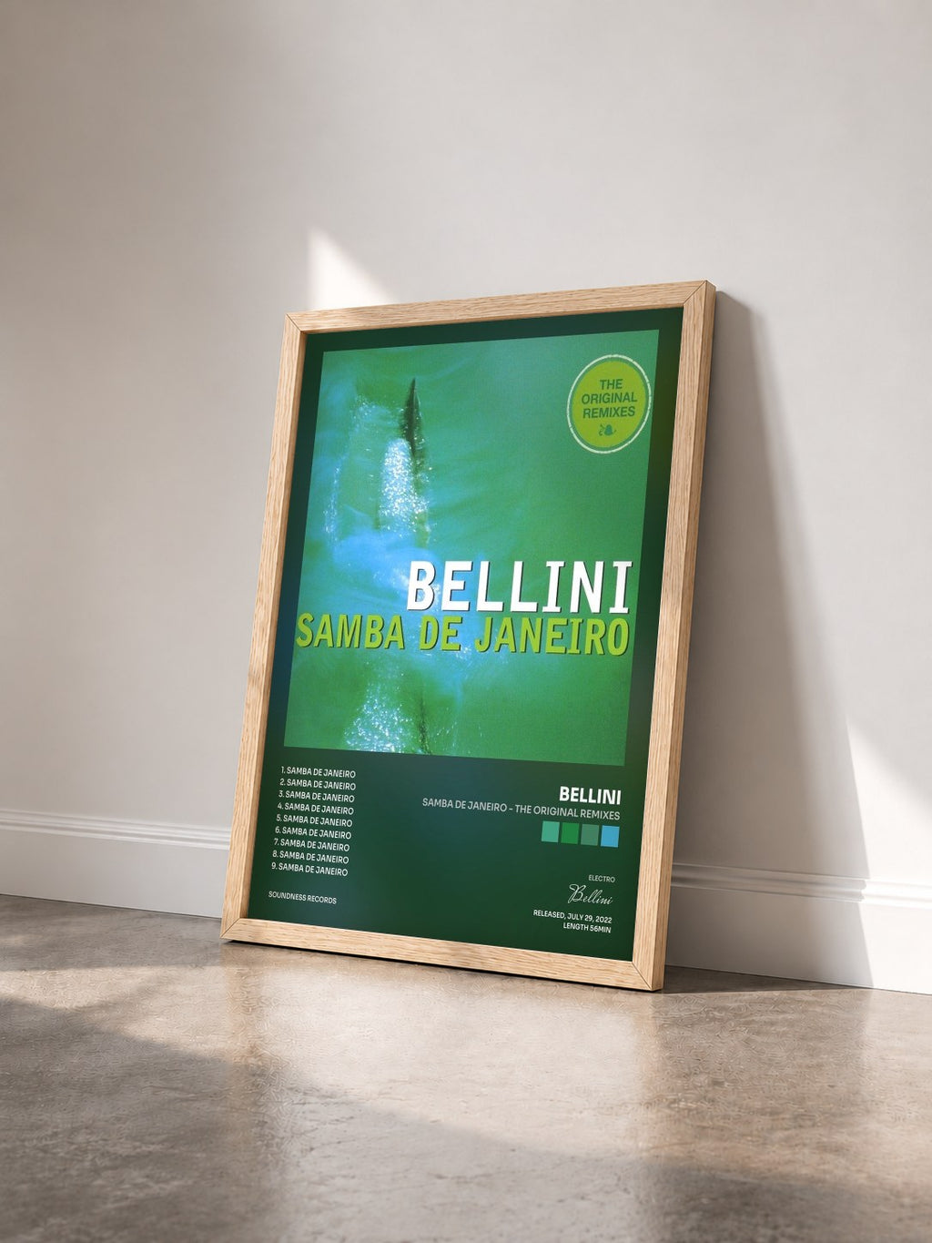 #bois Tableau de l'album Samba de Janeiro - The Original Remixes de Bellini vu de trois quarts, cadre en bois brut