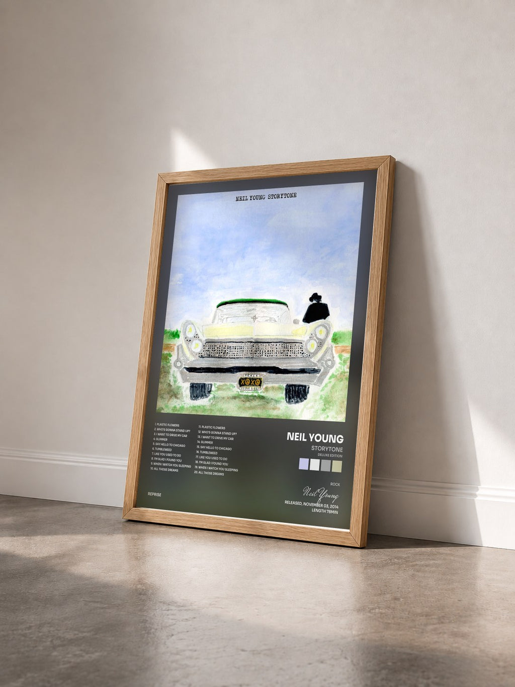 #bois Tableau de l'album Storytone (Deluxe Edition) de Neil Young vu de trois quarts, cadre en bois brut