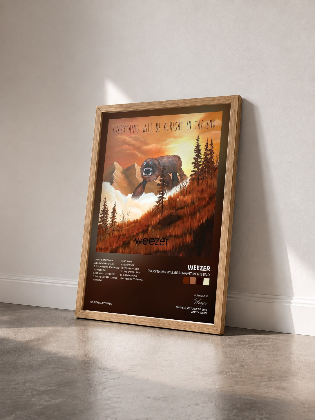 #bois Tableau de l'album Everything Will Be Alright In The End de Weezer vu de trois quarts, cadre en bois brut