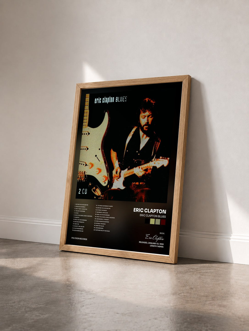 #bois Tableau de l'album Eric Clapton Blues de Eric Clapton vu de trois quarts, cadre en bois brut