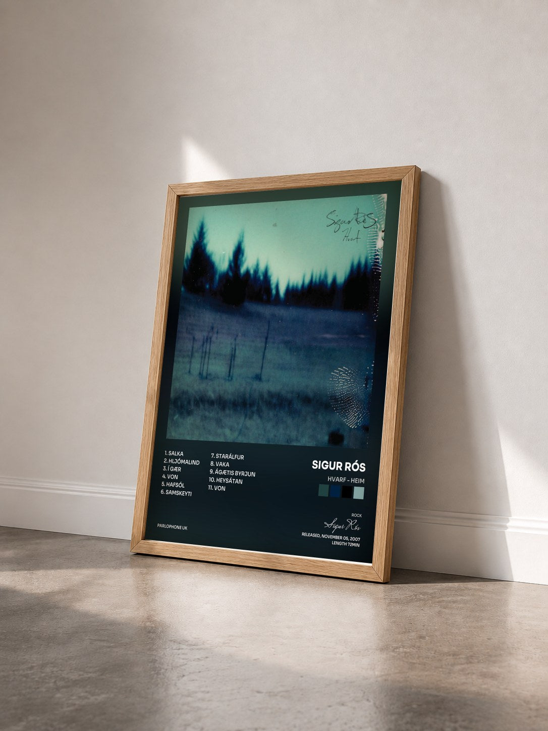 #bois Tableau de l'album Hvarf - Heim de Sigur Rós vu de trois quarts, cadre en bois brut