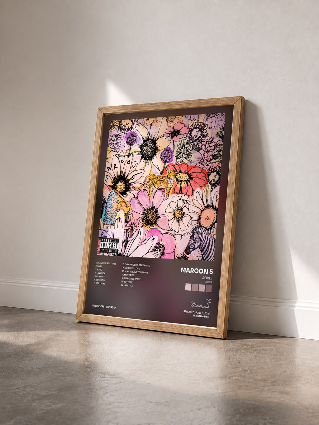 #bois Tableau de l'album JORDI (Deluxe) de Maroon 5 vu de trois quarts, cadre en bois brut