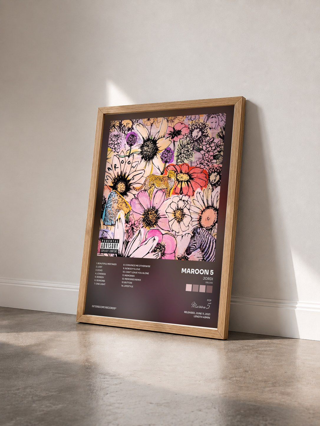 #bois Tableau de l'album JORDI (Deluxe) de Maroon 5 vu de trois quarts, cadre en bois brut