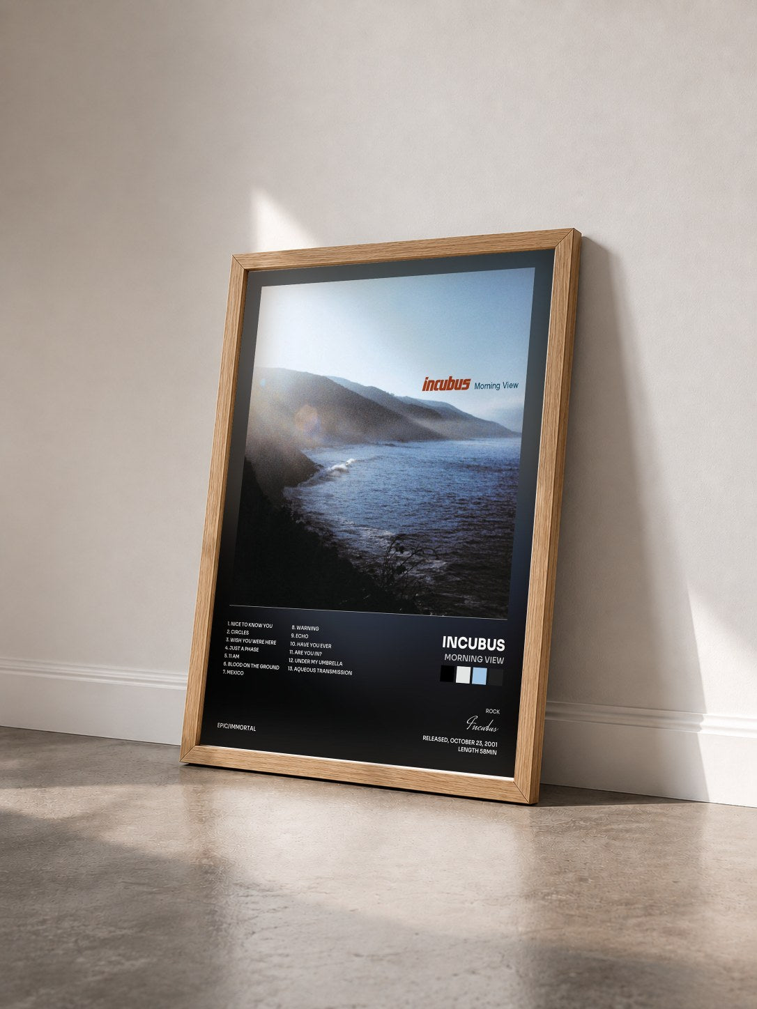 #bois Tableau de l'album Morning View de Incubus vu de trois quarts, cadre en bois brut