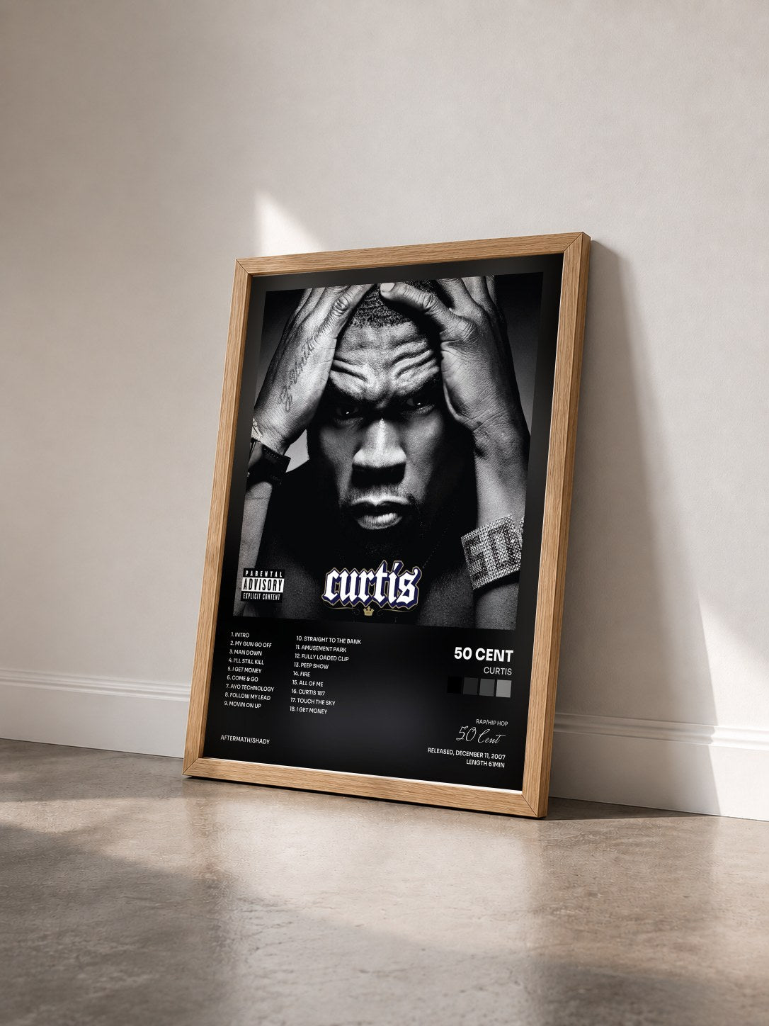 #bois Tableau de l'album Curtis de 50 Cent vu de trois quarts, cadre en bois brut